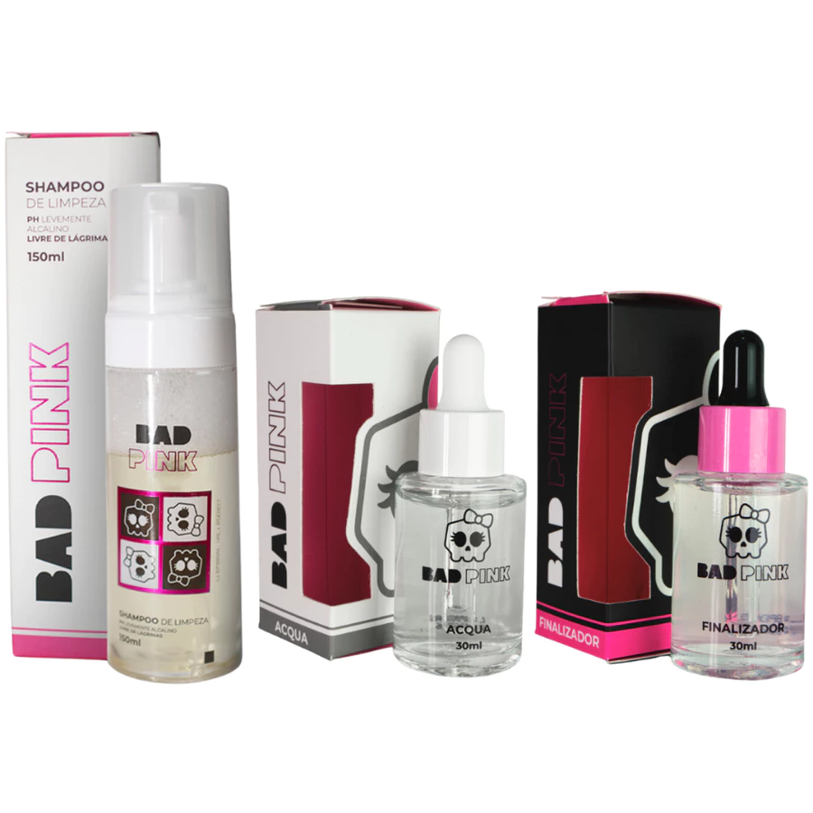 Kit Retenção de Cílios Bad Pink Acqua Primer Finalizador e Shampoo