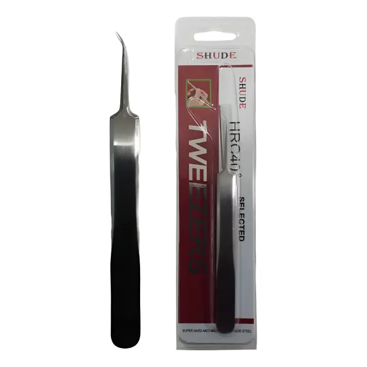 [CI0995] Pinça Curva Cílios Tweezers Shude Prata Lisa Extensão de Cílios 
